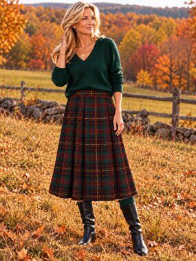 Wool Knife Pleated Midi Skirt - Red Green Blue & Yellow Plaid - L - EUC